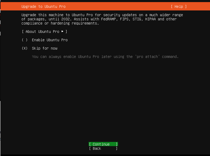 Ubuntu Pro upgrade screen with options to enable or skip, and a continue button