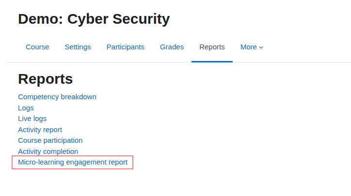 Cyber Security course page with a highlighted link to the Micro-learning engagement report