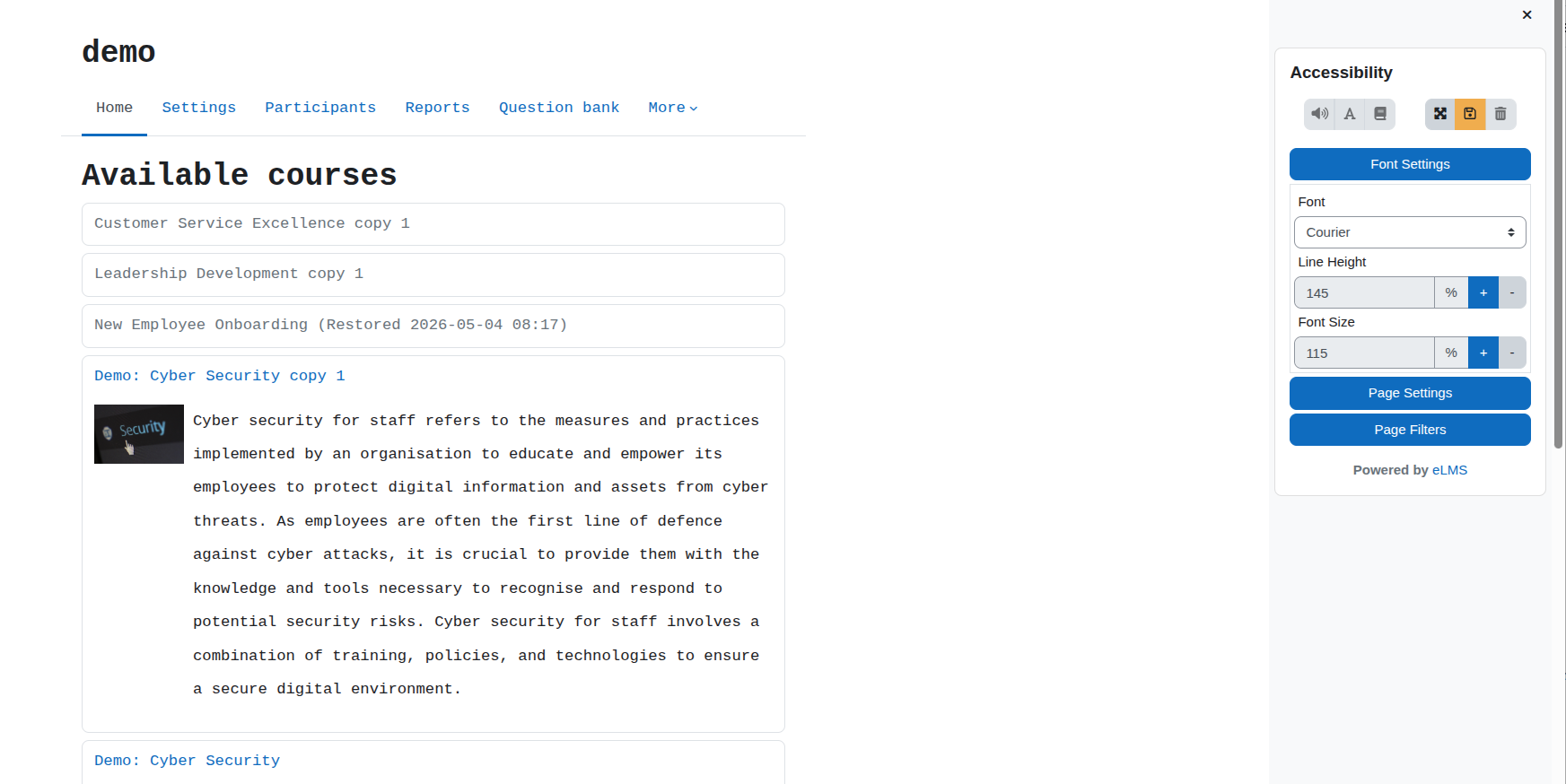 A webpage listing available courses with a focus on cyber security for staff