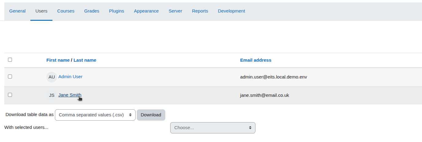 A user management interface showing a list of users with options to download data