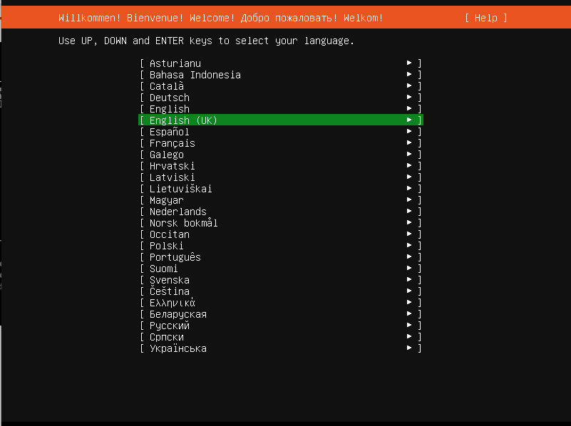 Language selection screen with various options highlighted in green