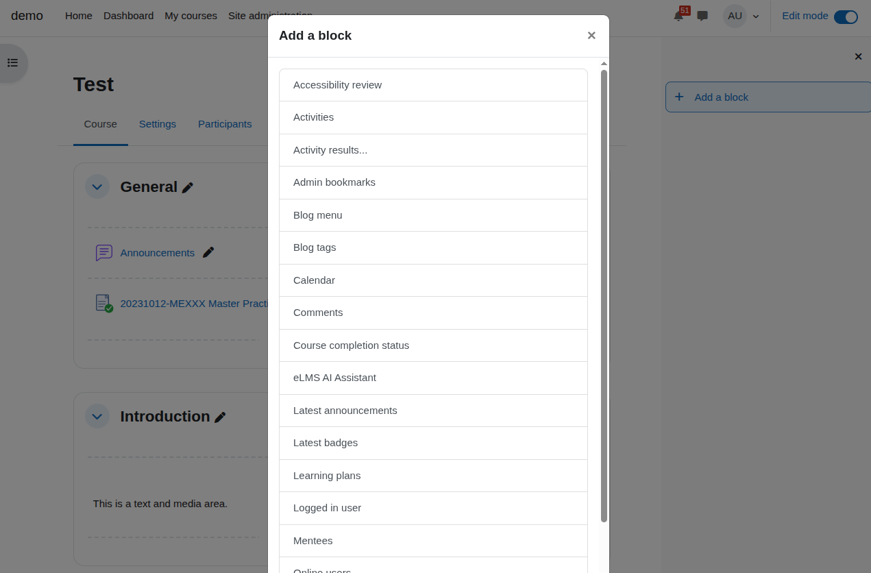 A pop-up menu displaying options to add a block in a course management interface