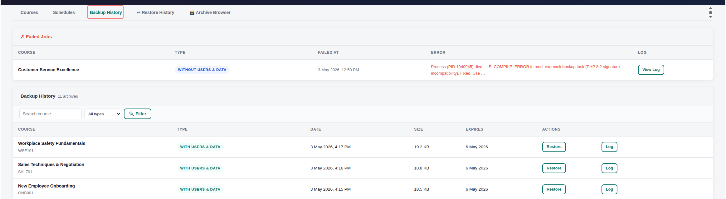 A dashboard showing backup history with failed and successful job entries