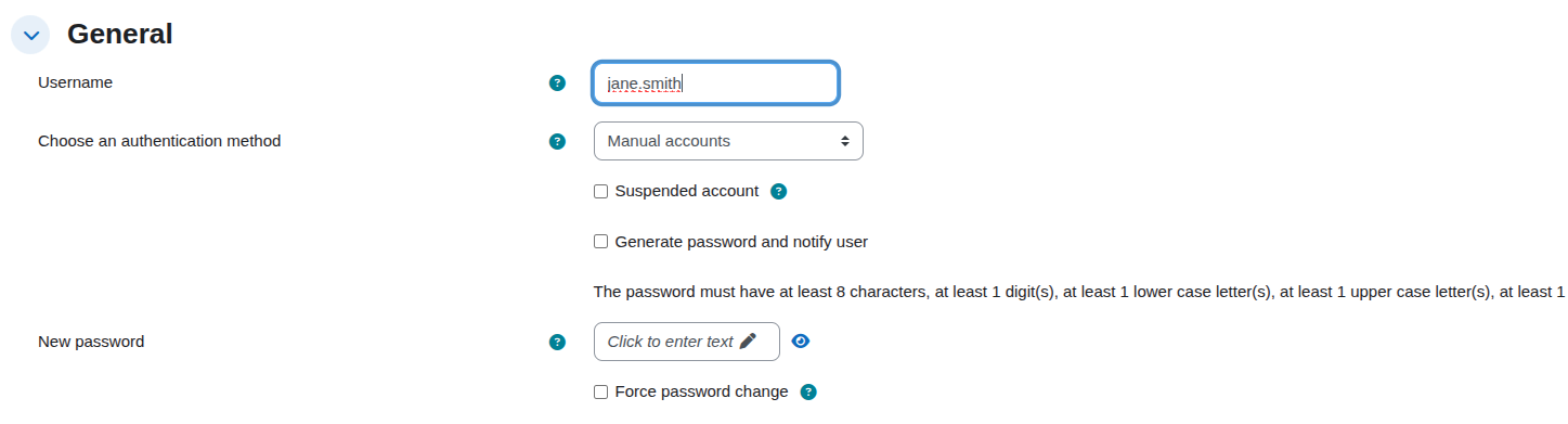 Settings page with username and password options for account management