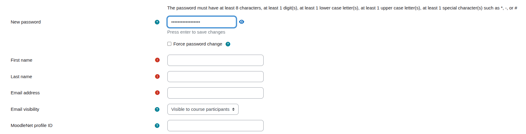 Password creation form with fields for first name, last name, email, and profile ID