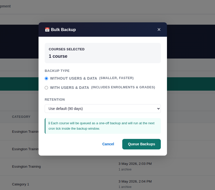 Bulk backup settings window with options for backup type and retention period