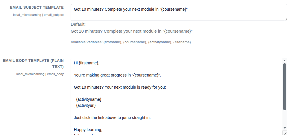 Email template with placeholders for subject and body text customization