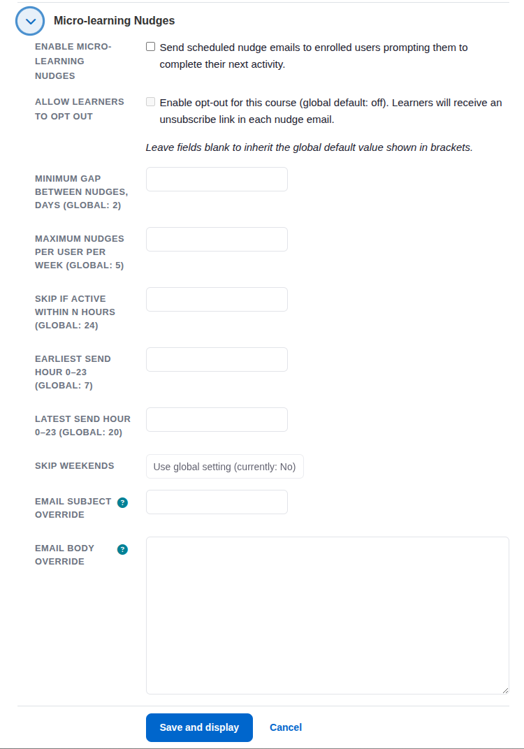 Settings page for configuring micro-learning nudge emails with various options and input fields