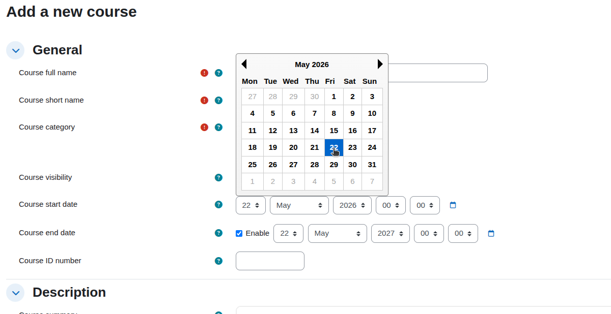 Form interface for adding a new course with a calendar for selecting dates