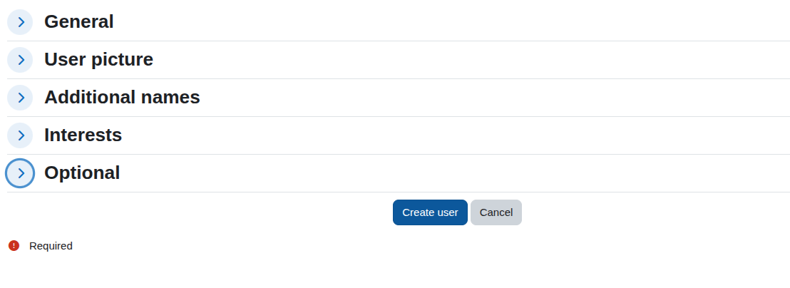 A user creation form with sections for general information, user picture, additional names, interests, and optional details
