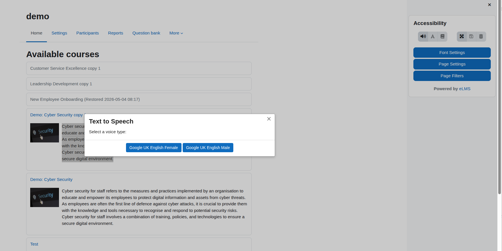 A webpage showing available courses with a text-to-speech pop-up window