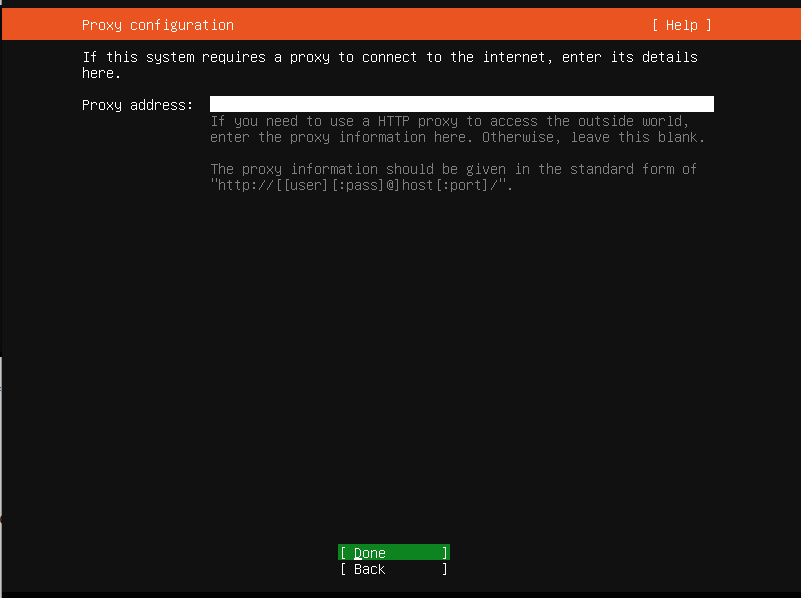 Proxy configuration screen with fields for entering proxy address details