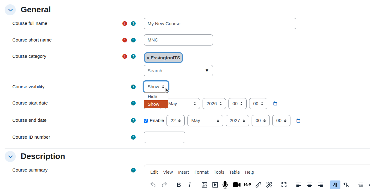 Course creation form with fields for name, category, visibility, start and end dates, and ID number