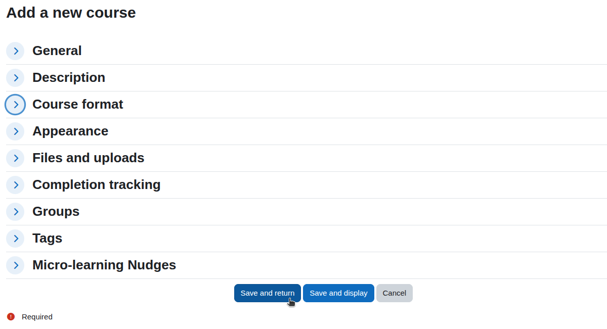 Course creation interface with options like General, Description, and Course format