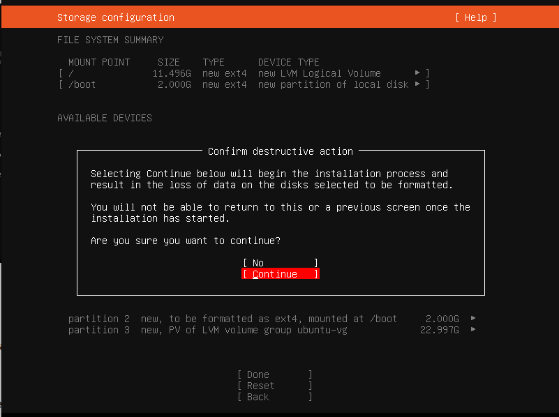 Storage configuration screen with options to confirm formatting disks